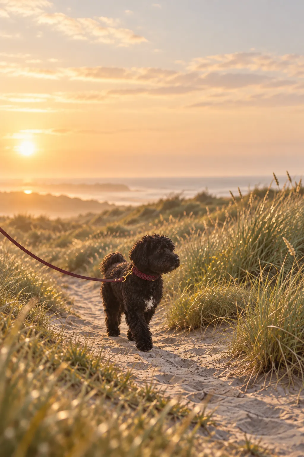 A curly-coated dog on a bordeaux lead walks along a dune path as the sun rises over the sea and marram grass.