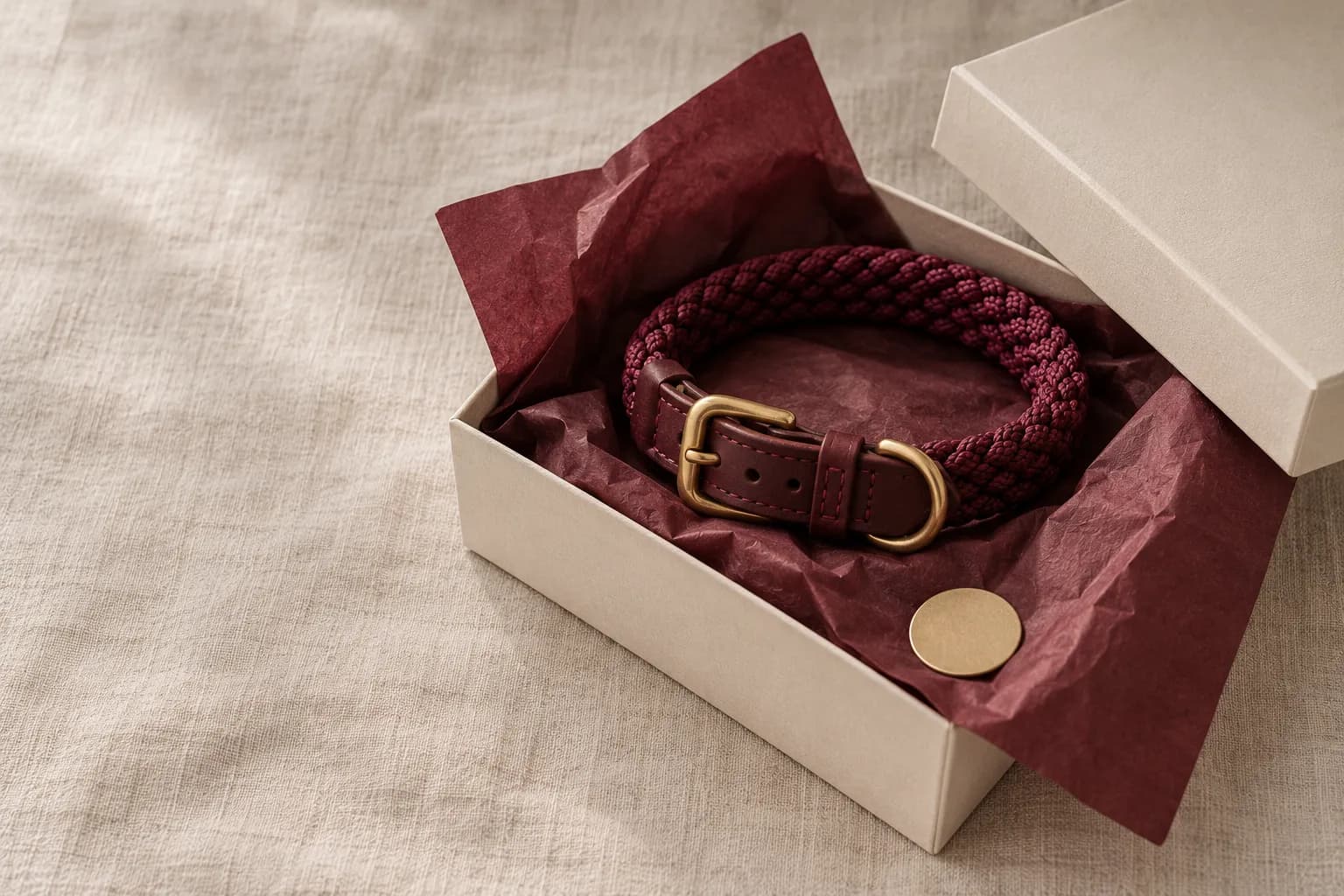 Geopende ivoorkleurige doos met bordeauxrood vloeipapier, een halsband met gevlochten koord en messing gesp, en een gouden zegel ernaast.