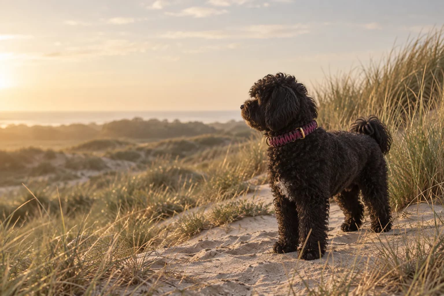 Krullenhond met bordeauxrode halsband staat op een duinpad en kijkt uit over zee bij zonsopkomst.